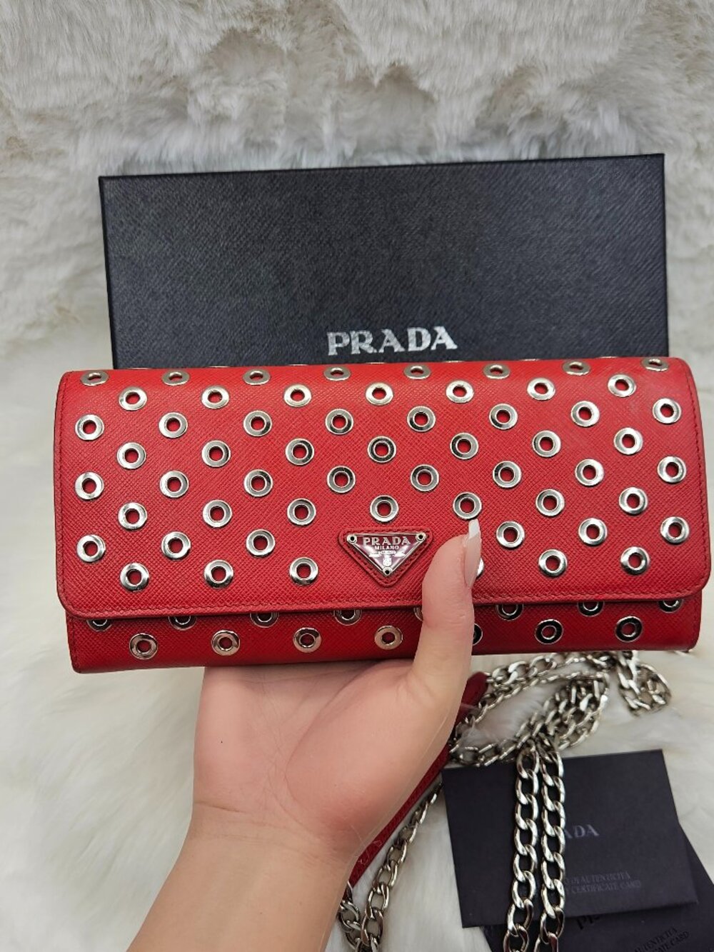 Prada Grommet Embellished Saffiano Leather Wallet on Chain (WOC)